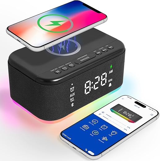 Bluetooth Alarm Clock Radio Bedroom, Digital Dual Alarm Clock Bedroom, Up to 10 Alarms Clock Night Light Speaker App/Button Control FM Charge Snooze Adjustable Volume Dim 12/24H, Black