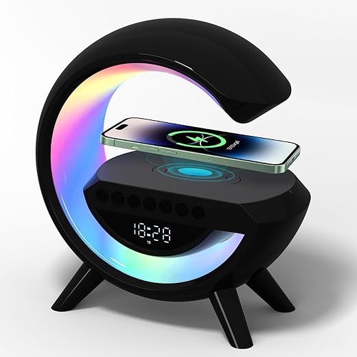 Bluetooth Speaker with Wireless Charging Station,Bedside LED Atmosphere Lamp and Ambient Lighting of Alarm Clock for bedrooms,Heavy Sleepers, G-Design as Gifts for Bedroom Decor aestheic