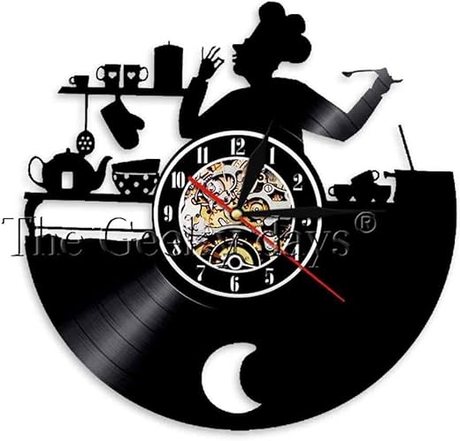 Bon Appetit Kitchen Chef Wall Clock Cook Vinyl Record LP Clock Kitchen Vintage Wall Decor Housewarming Gastronome Without LED, Black