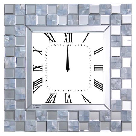 Bowery Hill Wood Wall Clock in Mirrored with Frosted Checkered and Mother Pearl