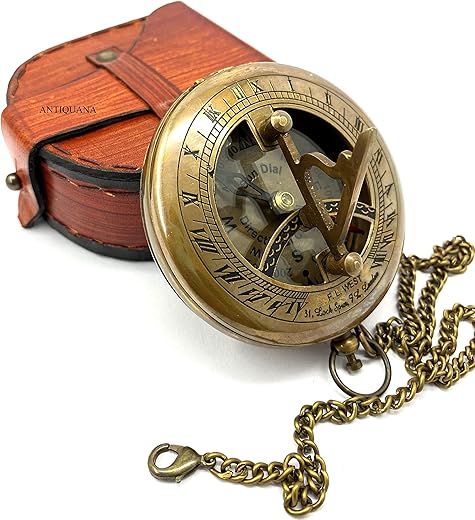 Brass Compass Unique Sundial Engraved Compass With Leather Case Antique Brass Compass With Chain A Great Gift Item For Your Loved Ones Hikers And Traveler By