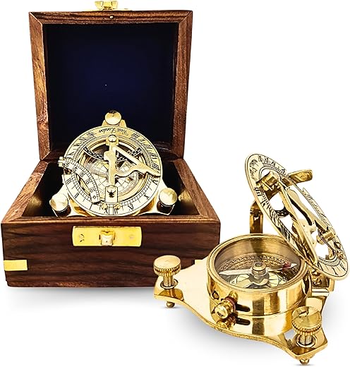 Brass Golden Sun-Clock Compass with Wooden Box Vintage Nautical Sundial Compass