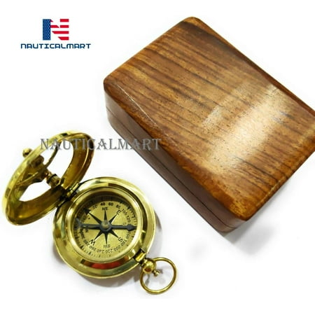 Brass Push Button Direction Sundial Compass with Wooden Box and Chain Beautiful Handmade Gift - Sundial Clock