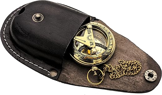 Brass Sundial Compass with Leather Case and Chain - Push Open Compass - Steampunk Accessory - Pocket Sundial Compass - Beautiful Handmade Gift -Sundial Clock, Gold, 2 Inch