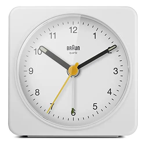 Braun Classic Analogue Alarm Clock with Snooze and Light, Quiet Quartz Sweeping Movement, Crescendo Beep Alarm in White, Model BC03W.