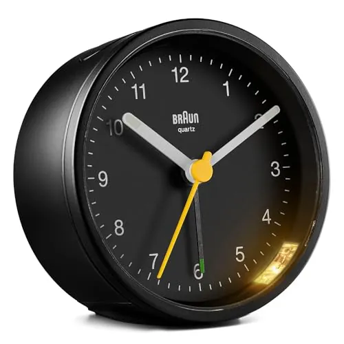 Braun Classic Analogue Alarm Clock with Snooze and Light, Quiet Quartz Movement, Crescendo Beep Alarm in Black, Model BC12B.