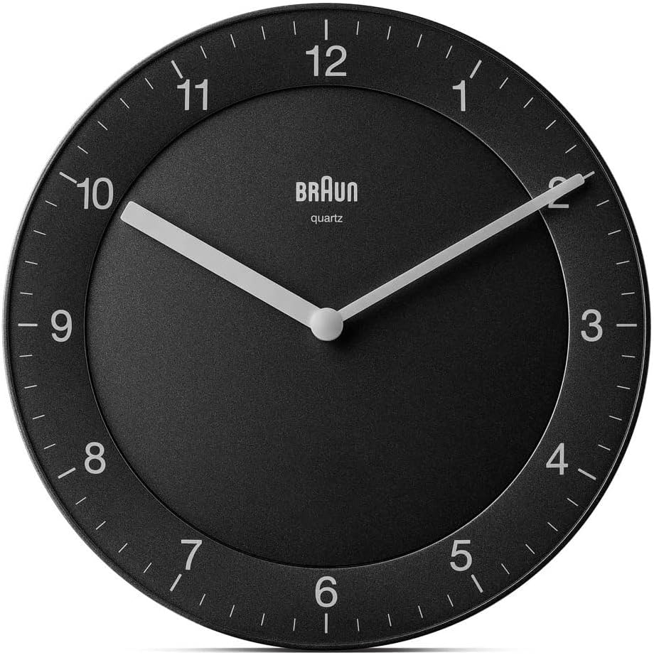 Braun Classic Analogue Wall Clock with Quiet Quartz Movement, Easy to Read, 20cm Diameter in Black, Model BC06B.