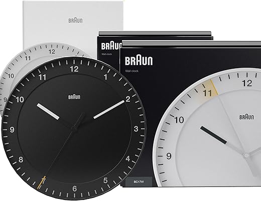 Braun Classic Mixed Analogue Wall Clock Home Gift Bundle with Silent Sweep Movement, Easy to Read, 30cm Diameter in Black + White, Model BC17B, BC17W (2 Pack)