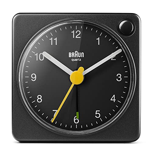 Braun Classic Travel Analogue Alarm Clock with Snooze and Light, Compact Size, Quiet Quartz Movement, Crescendo Beep Alarm in Black, Model BC02XB.