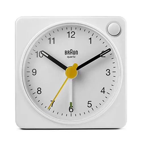 Braun Classic Travel Analogue Alarm Clock with Snooze and Light, Compact Size, Quiet Quartz Movement, Crescendo Beep Alarm in White, Model BC02XW.