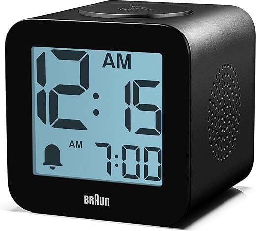 Braun Digital Speaking Alarm Clock with Snooze, Positive LCD Display, Spoken Setting Options, Crescendo Beep Alarm in Black, Model BC25BP.