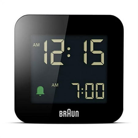 Braun Digital Travel Alarm Clock with Snooze, Compact Size, Negative LCD Display, Quick Set, Crescendo Beep Alarm in Black, model BC08B.