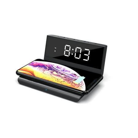 Brookstone 2-in-1 Wireless Charging Alarm Clock Night Stand - LED Display, Dual Alarms, USB Port - Qi-Certified for iPhone, Samsung, Airpods (Black)