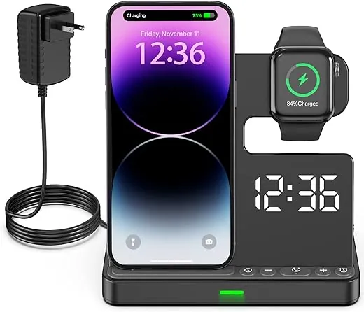 BUFFBEE Alarm Clock Phone Charger, 0-100% Display Dimmer, Adjustable Volume, Alarm Clock with Wireless Charging Station for iPhone/Apple Watch (Watch Charging Cable Not Included)