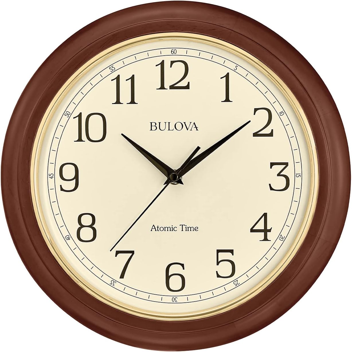 Bulova Atomic Time 2 Analog Wall Clock C5004 | 12.4 Wooden Frame, Sets Time Automatically | Quartz Movement | Battery Operated | Classic Design