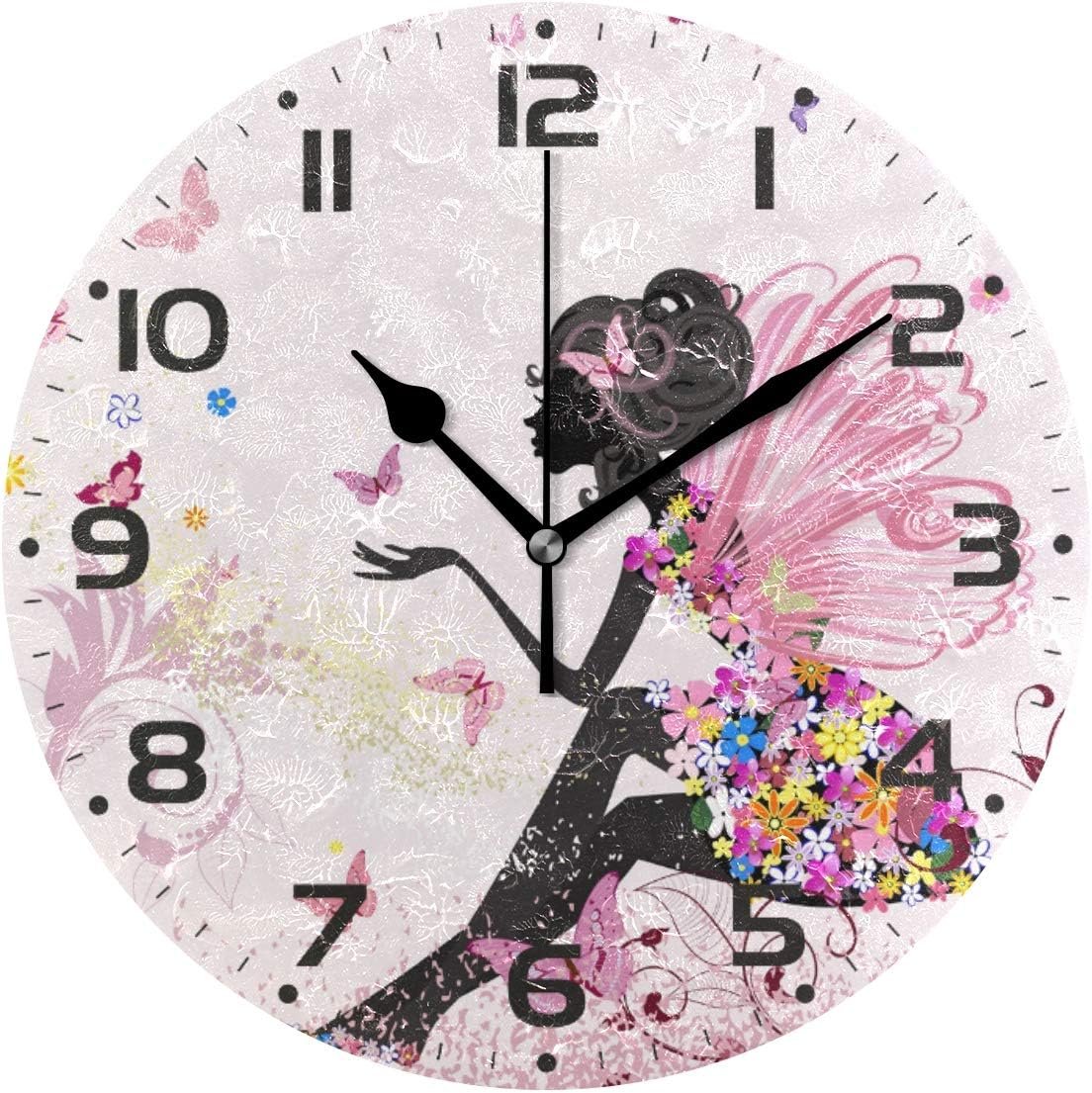 Butterfly Wall Clock Silent Non Ticking Round Easy to Read Home Office School Clock, Flower Fairy Angel Pink