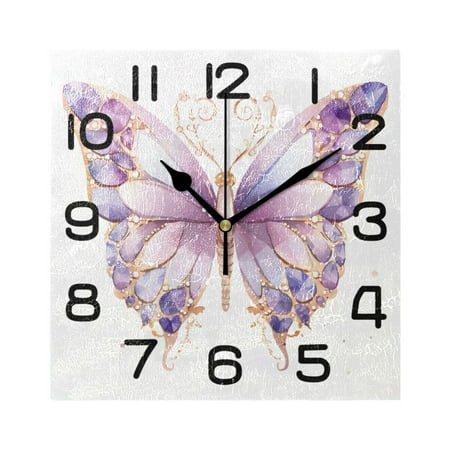 Butterfly with Purple Wall Clock Square Silent Non-Ticking Battery Operated Retro 7.78 Clock Home Kitchen Office Decoration