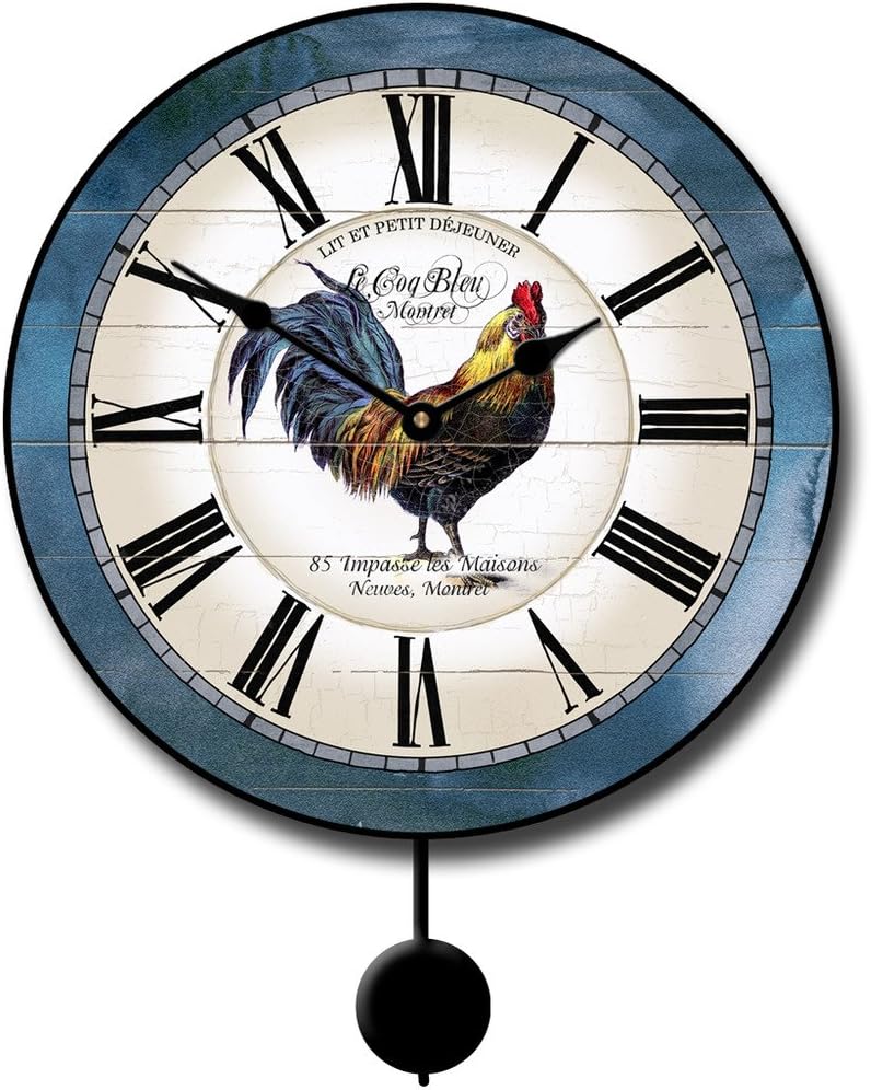 Carolina Blue Rooster Pendulum Wall Clock | Ultra Quiet Quartz Mechanism | Hand Made in USA Beautiful Crisp Lasting Color | Comes in 8 Sizes | 15 Inch