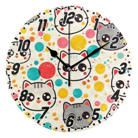 Cartoon Cat Face and Dots Wall Clock 9.8 inch Battery Operated Clocks Non-Ticking Silent for Bedroom Office Kitchen Living Room