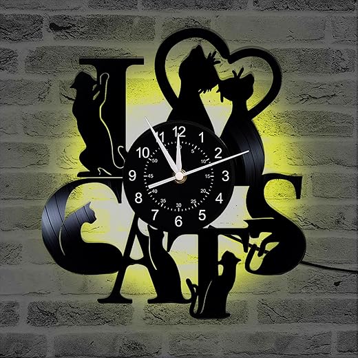 Cat Clock Lamp 12 inches Unique Retro Animal Vinyl Record Wall Clocks Gifts for Cat Lovers (4l)