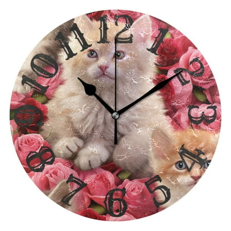 Cats Roses Floral Flowers 10 inch Wall Clocks Non Ticking Easy to Read Battery Decorative for Home Bathroom Kitchen Bedroom Living Room