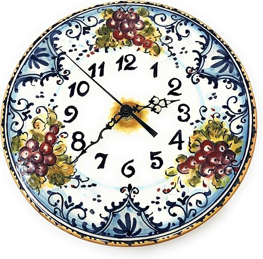 CERAMICHE D'ARTE PARRINI - Italian Ceramic Wall Clock Small, Pattern Grape Montalcino Hand Painted Made in ITALY Tuscan Art Pottery Florence Store