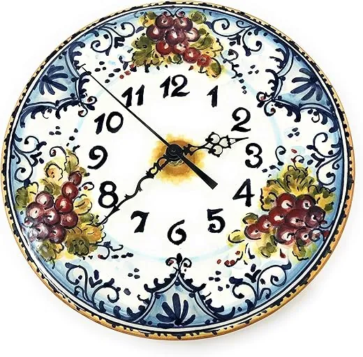 CERAMICHE D'ARTE PARRINI - Italian Ceramic Wall Clock Small, Pattern Grape Montalcino Hand Painted Made in ITALY Tuscan Art Pottery Florence Store