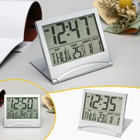 CFS Digital Travel Alarm Clock Foldable Calendar Temperature & Timer LCD Clock With Snooze Mode Large Number Display Battery Operated