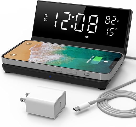 Charge Rise II, SFQ-20: Digital Alarm Clock, with Dual Alarms, Fast USB Charger and Wireless Charger, Black