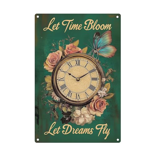 Clock Butterfly Vintage Metal Sign Bedroom Living Room Porch Bathroom Art Decoration Painting Restaurant Bar Garden Terrace Courtyard Wall Art Let Time Bloom 8x12 Inch