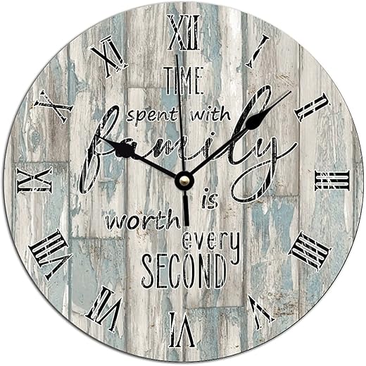 Clock Family Quote Vintage Wood Grain PVC Home Decor Wall Clocks Time Spent with Family is Worth Every Second Art Clocks Battery Operated Clock Farmhouse Decor Rustic Clock 12x12in