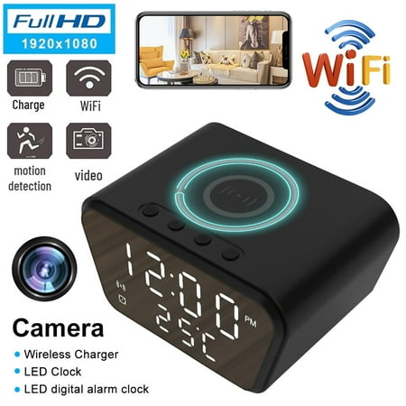 Clock WiFi Mini 1080p Full Hd Camera Motion Detection Clock Wireless Charging Small Surveillance Security Cams Clock for Indoor Home Office Security