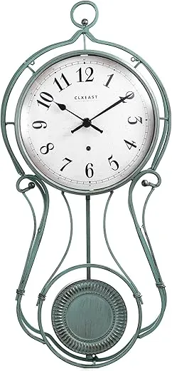 CLXEAST 20 Inch Metal Pendulum Wall Clock Battery Operated,Large Schoolhouse Metal Wall Clock with Pendulum,Decorative Wall Clocks for Living Room Decor,Antique Aged Teal Green Finish