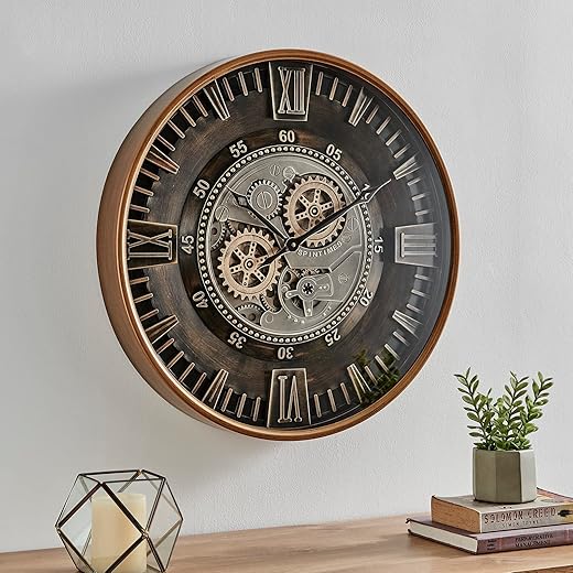 CLXEAST 24 Inch Large Moving Gear Wall Clock for Farmhouse Living Room Decor,Big Industrial Steampunk Wall Clock Decorative, Vintage Bronze Gold Metal Wall Clock for Home Office