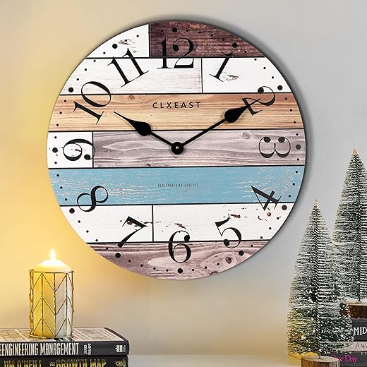 CLXEAST 24 Inch Multicolor Woodgrain Shiplap Wall Clocks for Living Room Decor, 24 Inch Large Farmhouse Wall Clock,Coastal Beach Nautical Wall Clock