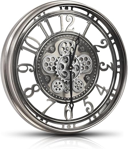 CLXEAST Large Moving Gear Wall Clock,Industrial Steampunk Decor Wall Clock,Decorative Wall Clock for Modern Farmhouse Living Room Decor,Gunmetal Silver Chrome Finish (21 Inch)