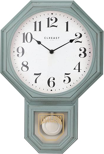 CLXEAST Pendulum Wall Clock, Schoolhouse Regulator Clock with Pendulum,Antique Aged Teal Green ABS Plastic,12" W x 17.5" H