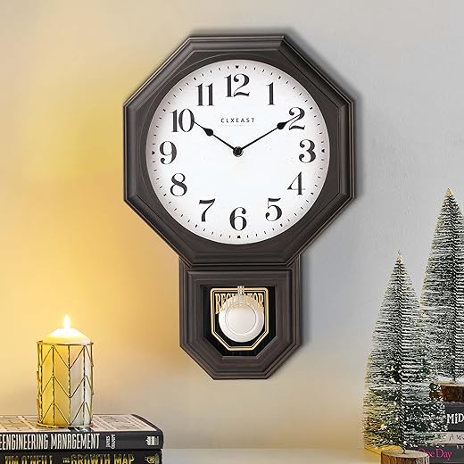 CLXEAST Plastic Pendulum Wall Clocks for Living Room Decor, Large Schoolhouse Regulator Clock with Pendulum,Oil Rubbed Bronze Black, 12 W x 17 H