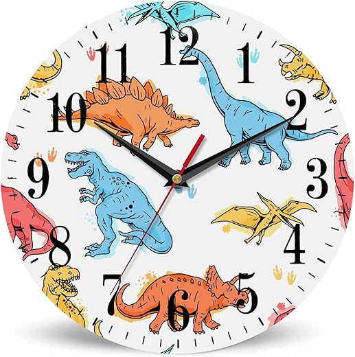 Colorful Dinosaur Wall Clock Tyrannosaurus Rex Stegosaurus Triceratops 10 Inch Silent Non Ticking Battery Operated Clock Vintage Round Clock for Living Room Bedroom Bathroom Office Decor