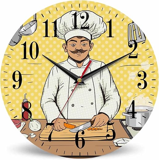 Comic Chef Cooks Wall Clock Food Pop Kitchen Art Style 10 Inch Silent Non Ticking Battery Operated Clock Vintage Round Clock for Living Room Bedroom Bathroom Office Decor