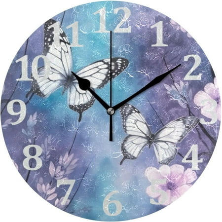 Coolnut Butterfly Flowers Purple Wall Clock Round Vintage Silent Non Ticking Battery Operated Accurate Arabic Numerals Design for Home Kitchen Living Room Bedroom 10 Inch Home Decor