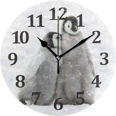 Coolnut Snow Penguins Wall Clock, 10 inch Clock Non - Ticking Whisper Quiet Battery Operated for Indoor Home Decor