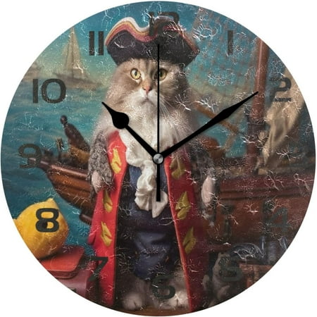 Coolnut Wall Clock Pirate Captain Cat 10 Inch Silent Non Ticking Quality Quartz Battery Operated Digital Round Easy to Read for Home Office Kitchen Home Decor