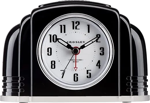 Crosley Vintage Art Deco Analog Alarm Clock, Quiet Sweep Non-Ticking, Automatic Dimmable Smart Light, Simple Controls, (Ivory) (Black)