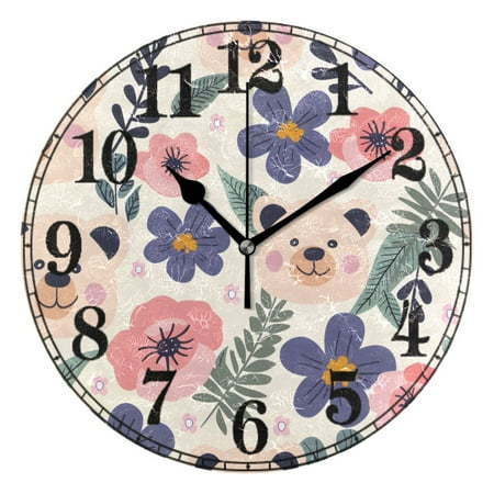 Cute Bear Tropical Leaf Silent Wall Clock 10 Non-Ticking Battery Clock