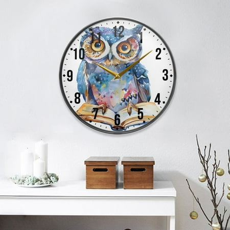 Cute Owl on Book Round Wall Clock 9.5 Inch Non-Ticking Silent Battery Operated Clock for Home Kitchen Office School Decor