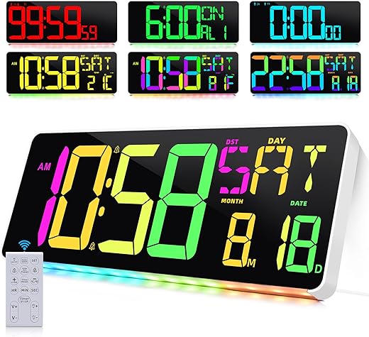 CYMHCHL Large Digital Wall Clock Large Display 11 Colors Available with Colorful Night Light Temperature Date Week DST Auto-Dimming Big LED Clock Count Up & Down Timer for Home Gym Office School