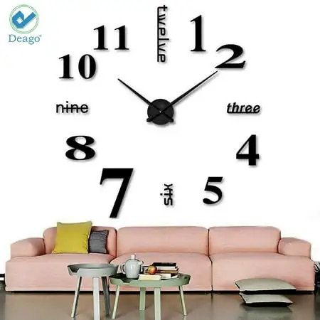 Deago Large DIY Wall Clock Modern 3D with Mirror Numbers Stickers for Home Living Room Office Decorations Gift (Black)