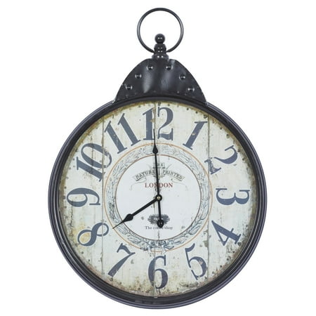 DecMode 20 Black Metal Distressed Pocket Watch Inspired Wall Clock with Beige Clockface