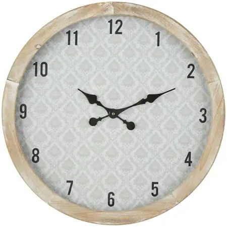 DecMode 24 Beige Wooden Floral Wall Clock with Brown Wooden Frame